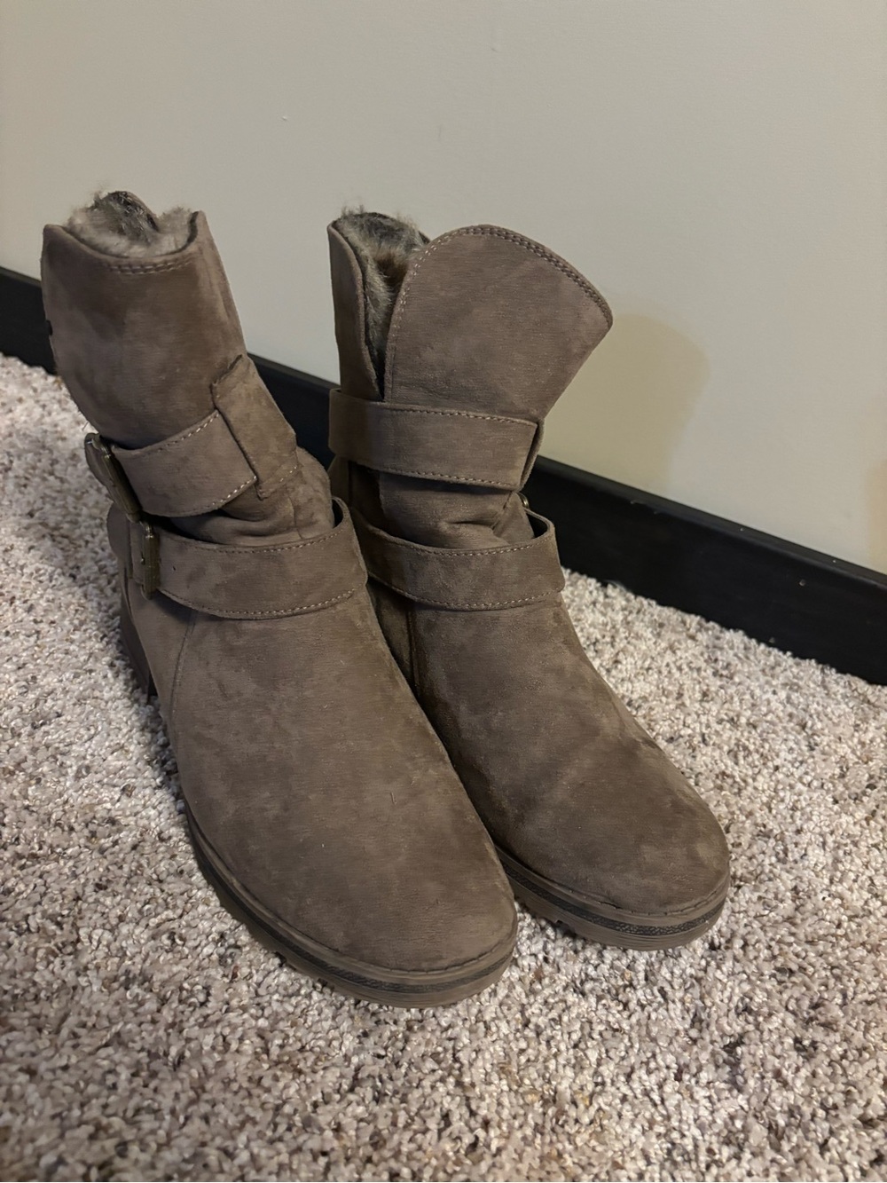 White Mountain Taupe Suede Ankle Booties with Buckle Detail